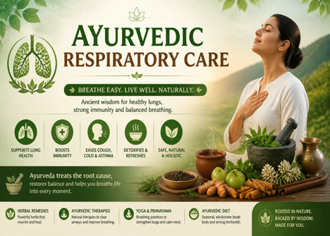 Ayurvedic Respiratory Care banner with a calm woman meditating outdoors, herbs, and lung-health icons in a natural setting.