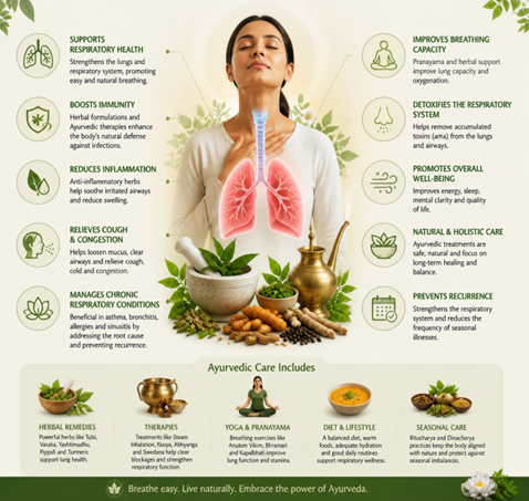 Infographic about Ayurvedic care for respiratory health: a woman with lungs overlay surrounded by herbal remedies, therapies, yoga, diet/lifestyle, and seasonal care sections.