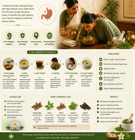 Informative infographic explaining Ayurvedic cleansing therapy, showing practitioners performing the procedure with bowls and herbs in a clinic setting.