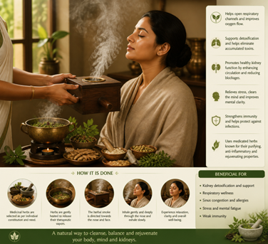 Woman seated with eyes closed as herbal steam therapy is performed by a therapist, with bowls of herbs nearby for a calming spa treatment of the head and chest area.