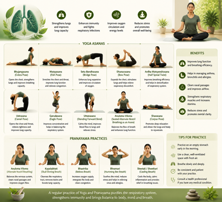 Infographic of yoga asanas with poses, names, and benefits, plus pranayama tips and practice sections.