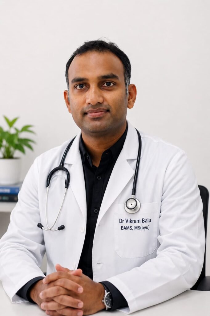 Head-and-shoulders portrait of Dr. Vikram Balu, a physician in a white coat with a stethoscope, seated at a desk in a clinic