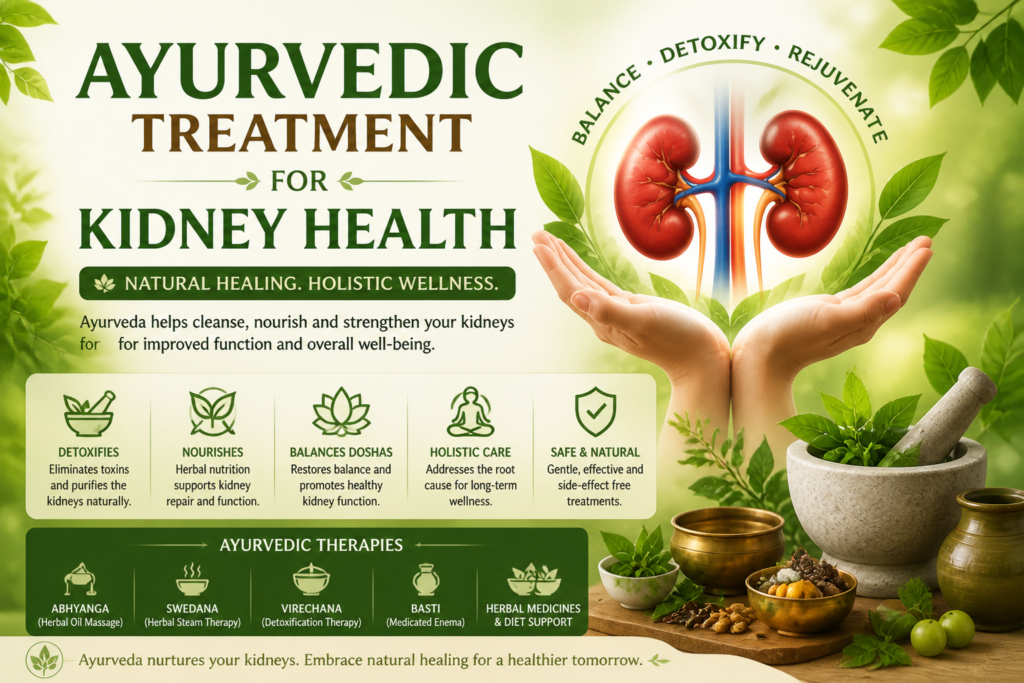 Kidney health infographic with hands cupping a kidney illustration and green herbal accents for natural healing.