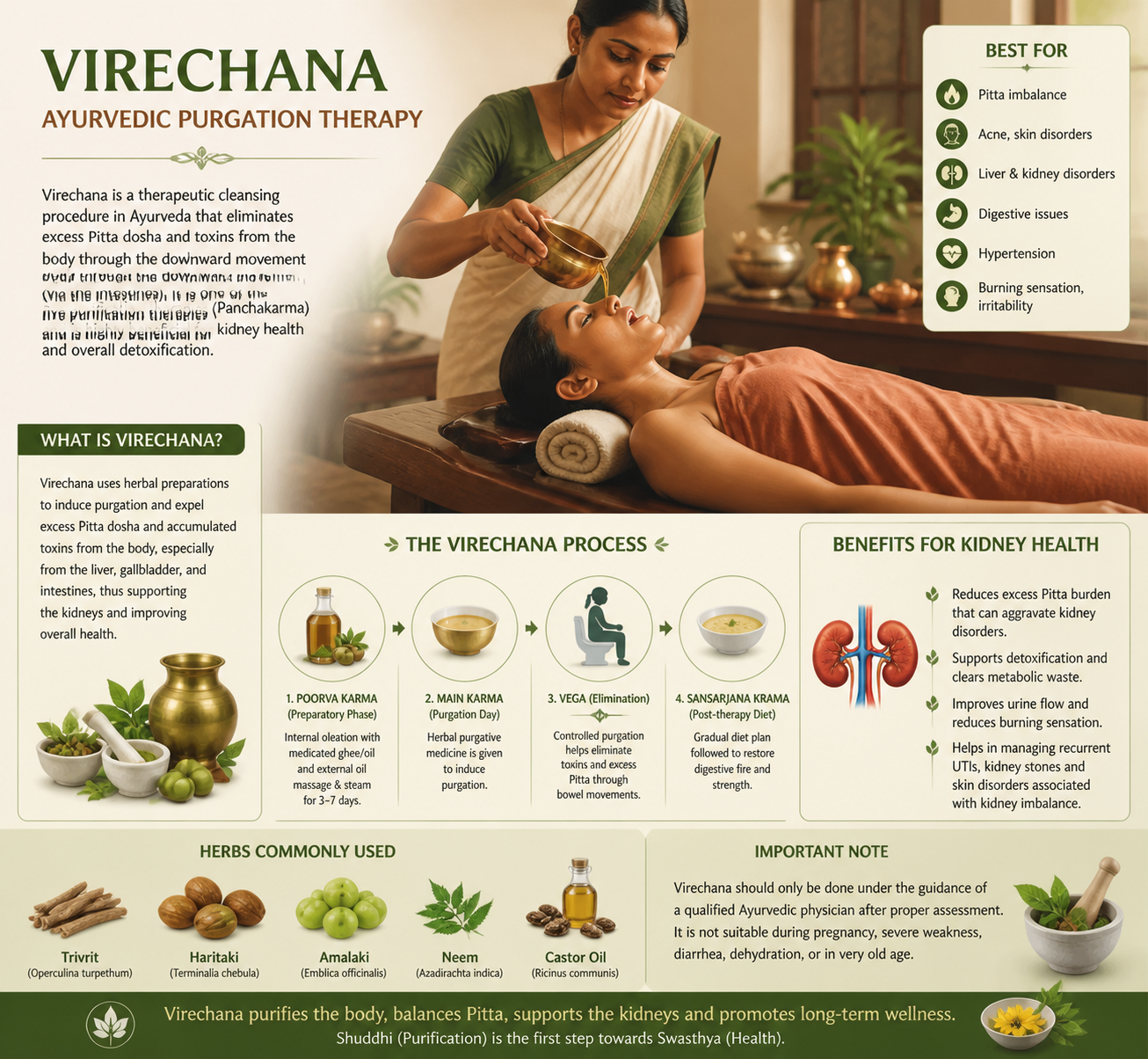 Ayurvedic Virechana therapy scene: a practitioner pours liquid over a reclining client in a calm treatment room with an infographic layout around them.
