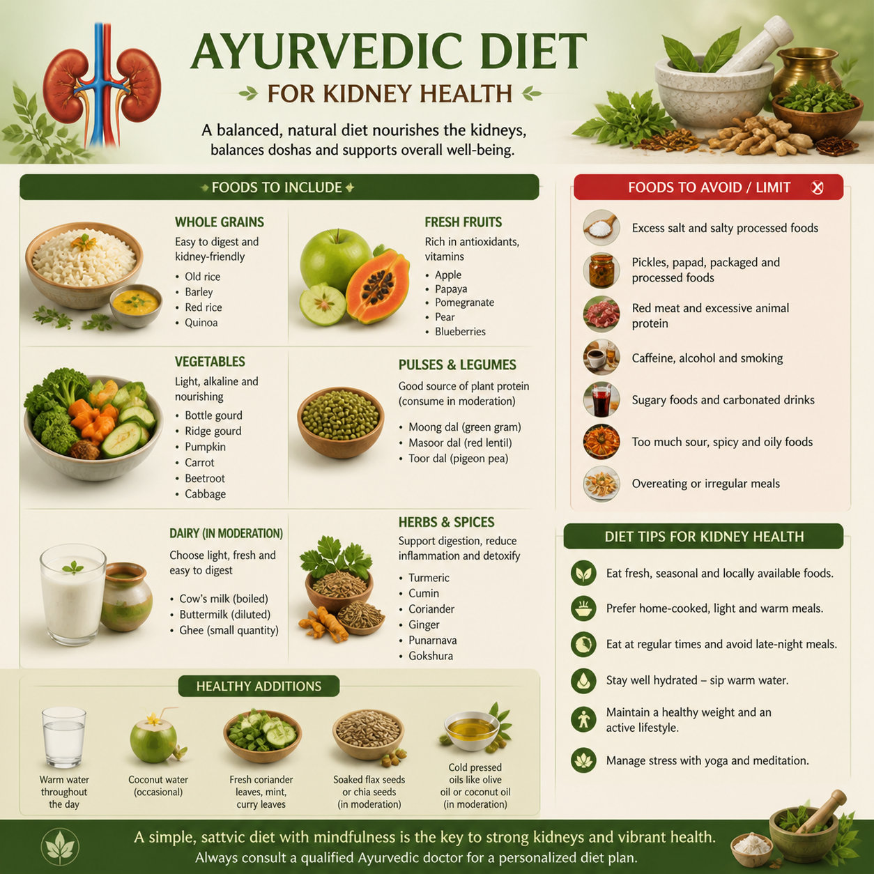 Infographic: Ayurvedic diet for kidney health showing foods to include and avoid, with tips and healthy additions.