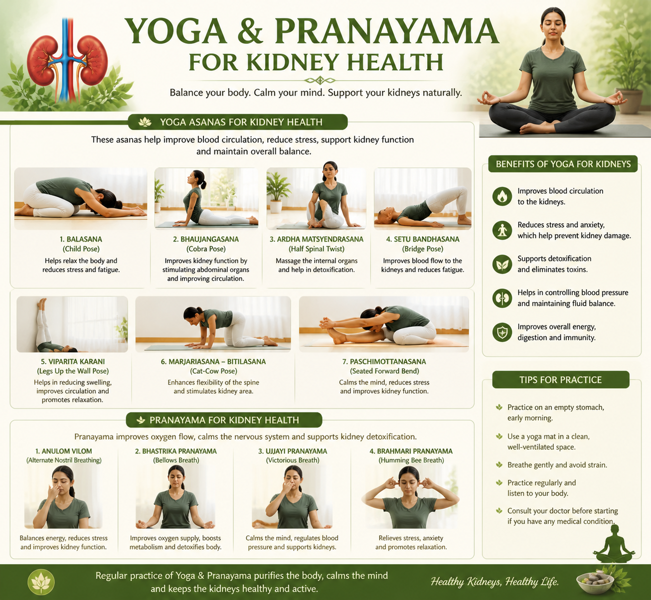 Infographic on Yoga & Pranayama for Kidney Health showing 8 poses and a benefits panel, with a person meditating and a kidney illustration on the left