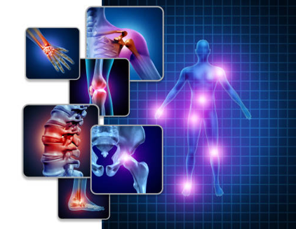 Collage of medical illustrations showing joints and bones with a glowing figure against a blue grid background