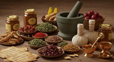 A wide assortment of spices and herbs arranged on a wooden table, including bowls of seeds and powders, a granite mortar and pestle, honey jars, dried roots, and wrapped bundles.