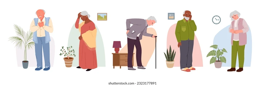 Illustration of several seniors at home: tending plants, talking on the phone, using a walking cane, standing with support, and looking at a clock.