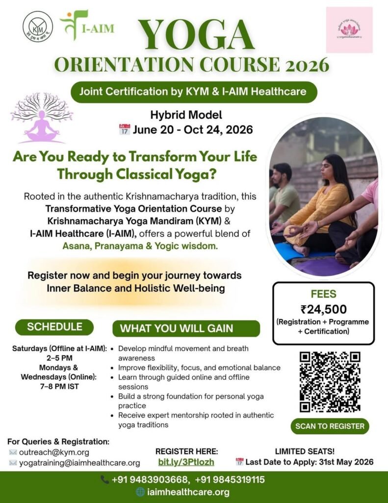 Yoga Orientation Course 2026 poster; joint KYM & I-AIM certification, June 20–Oct 24, 2026 (hybrid).