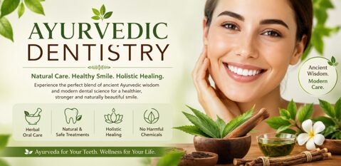 Ayurvedic Dentistry ad featuring a smiling woman, green leaves, and herbal bowls; promotes natural, holistic dental care with no harmful chemicals.