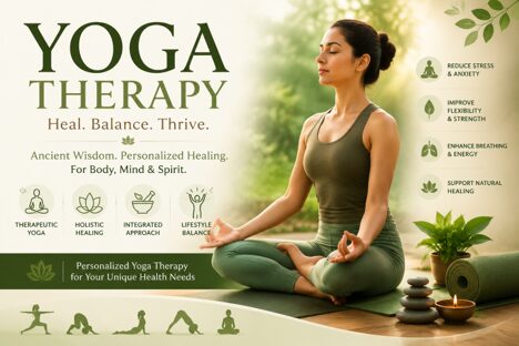 Yoga Therapy banner with a woman meditating on a mat, greenery, and icons promoting stress relief, flexibility, breathing, and healing.