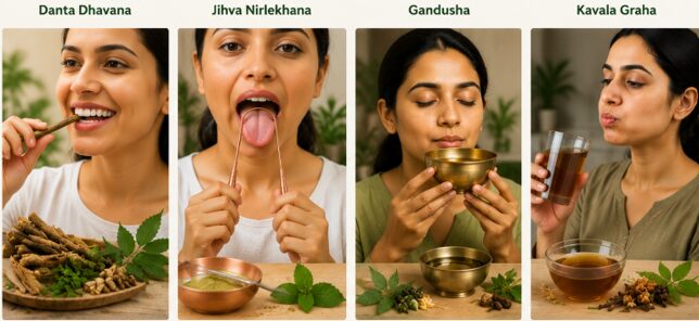 Woman using a wooden chewing stick to clean her teeth, with a pile of sticks and herbs nearby.”