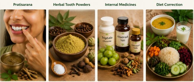 Four-panel collage illustrating Ayurveda: tooth powder being applied, herbal powders, bottles of internal medicines with herbs, and a balanced diet plate.