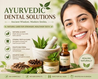 Smiling woman beside Ayurvedic Dental Solutions products and herbs, showcasing natural care for healthier teeth and a 'Healing Naturally' badge.