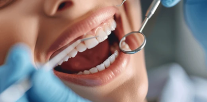 Dental professional examines a patient’s teeth with a mirror during a checkup, mouth open wide.
