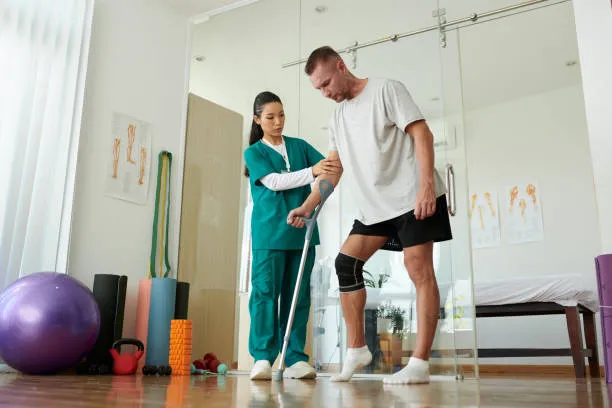 Physical therapist helps a man with a knee brace practice stepping with a cane in a bright rehabilitation clinic with exercise equipment nearby, such as balls and mats.] ,