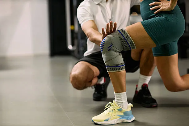 Person in a teal athletic outfit lunges while wearing a knee brace, guided by a trainer during a rehab or workout session.