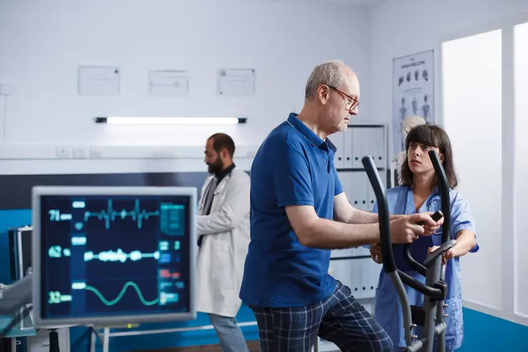 Older man in a blue polo on a stationary bike, attended by a nurse in a clinical gym with monitoring screens nearby.