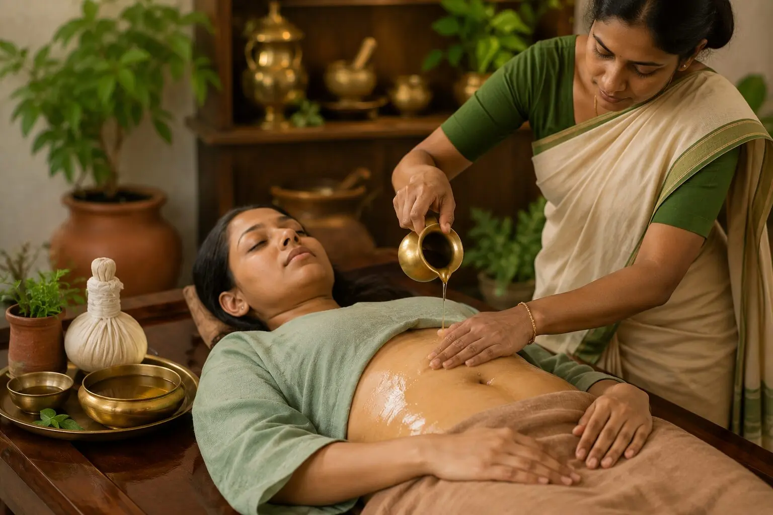 Woman receiving Ayurvedic oil treatment, lying on a massage table as a therapist pours warm oil onto her abdomen from a brass vessel